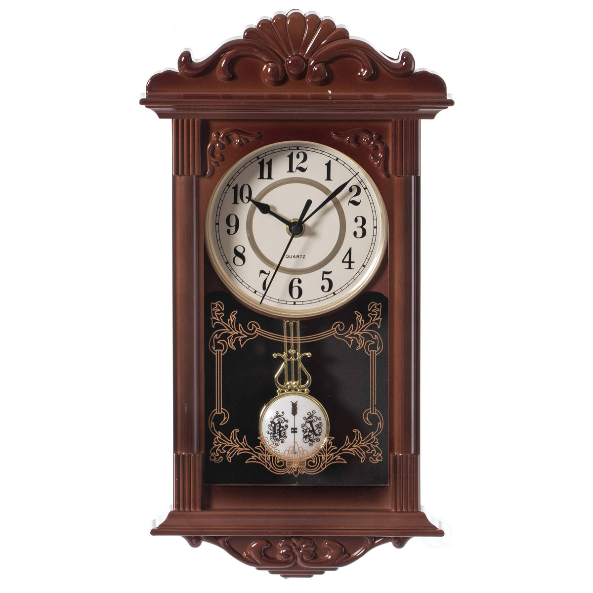 Clockswise Vintage Grandfather Wood- Looking Plastic Pendulum Wall Clock for Living Room, Kitchen, or Dining Room, Brown