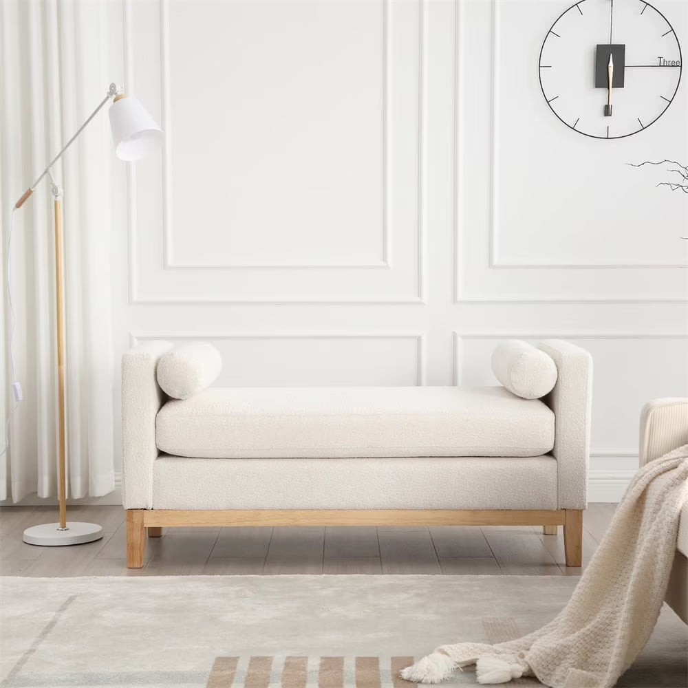 53.5"w Elegant Upholstered Bench with Wood Legs & Round Pillows, Comfy Boucle Fabric Footrest with Arms, Entryway Bench for End of Bed, Bedroom and